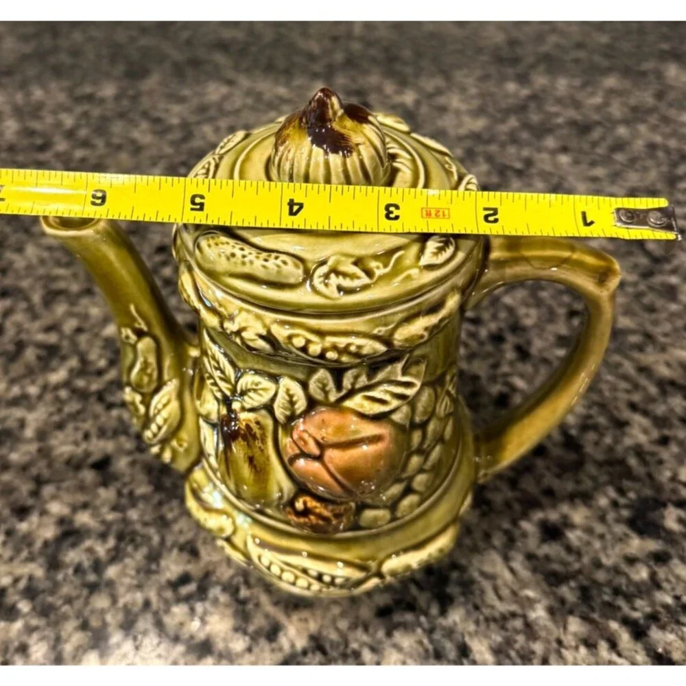 Vtg MCM Tilso Avocado Green Glazed Fruit Motiff Ceramic Tea Pot w Lid Japan